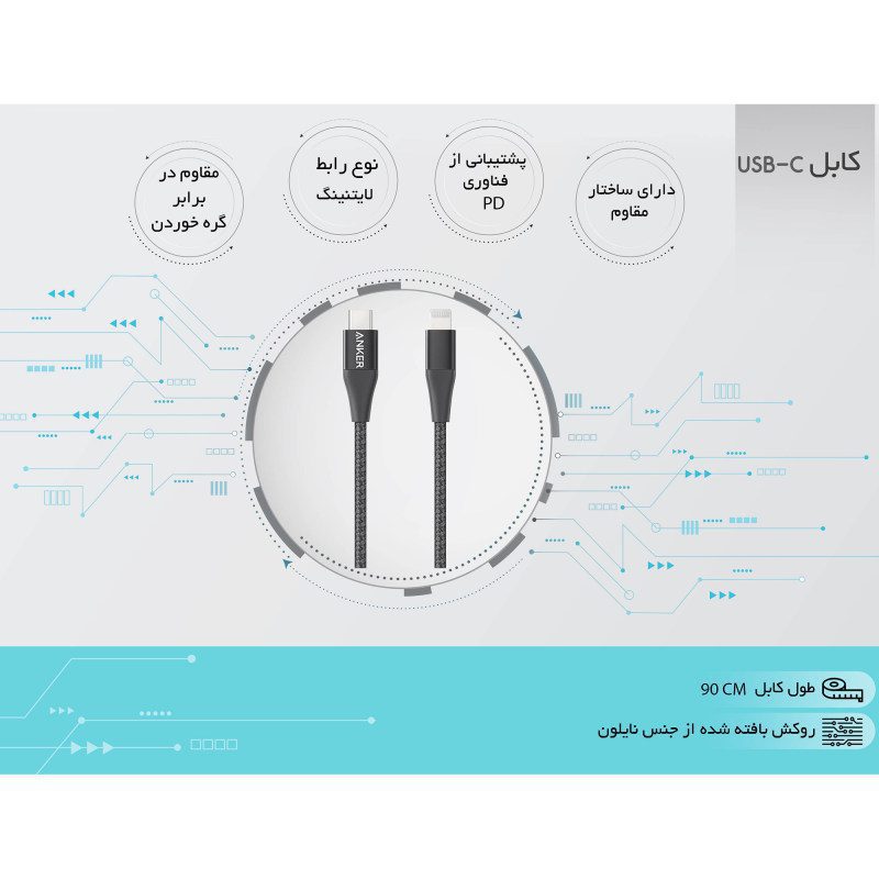 کابل تبدیل USB-C به Lightning انکر مدل A8842 Powerline plus III